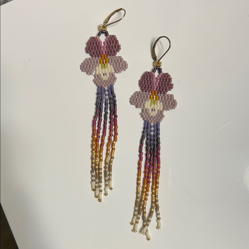 Floral Beaded Earrings with Multicolor Fringe